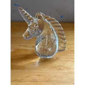 Clear Art Glass Unicorn Figurine Paperweight With Controlled Bubble Design 1970'